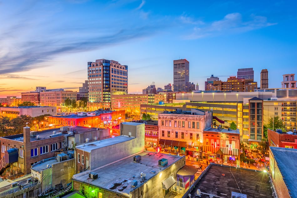 picture of Memphis, Tennesse, USA downtown cityscape at dusk over Beale Street.