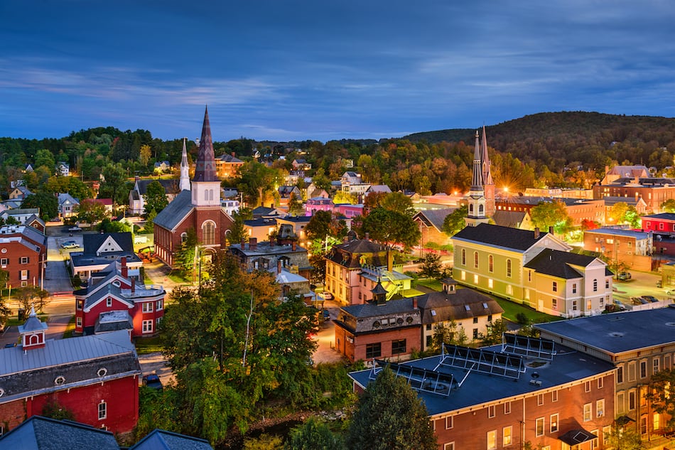 picture of Montpelier, Vermont, USA town skyline at twilight.