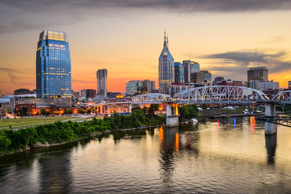 picture of Nashville, Tennessee downtown skyline at Shelby Street Bridge.