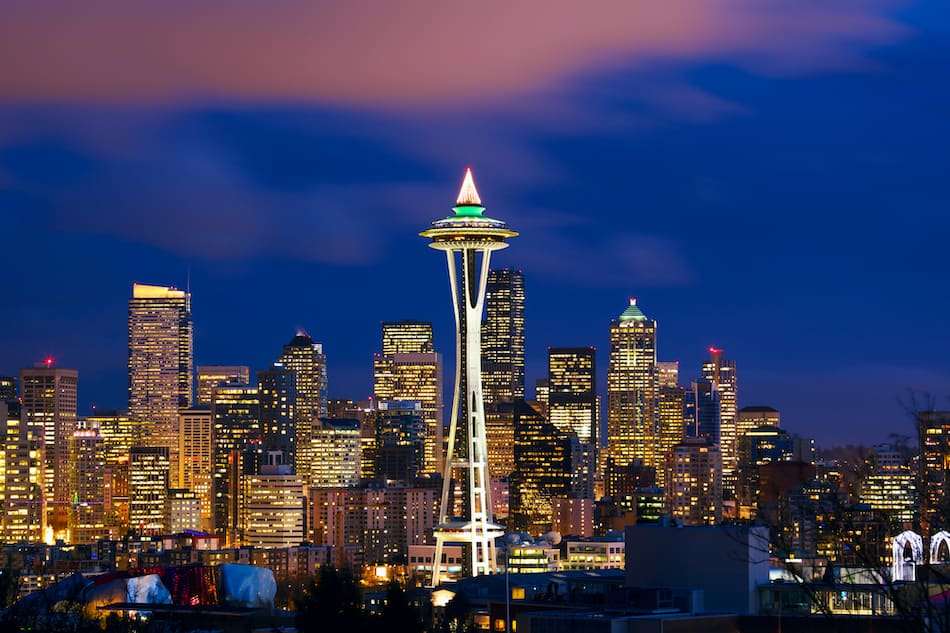 picture of Seattle skyline with Space Needle Tower at dusk