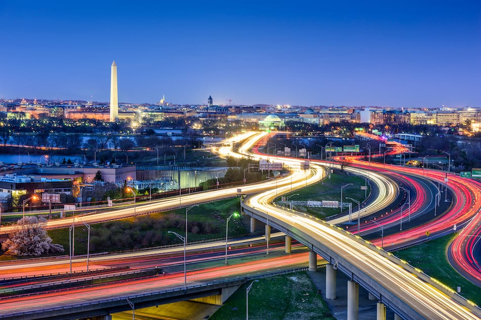 picture of Washington D.C., skyline with highways and monuments.