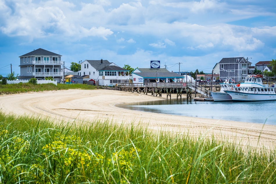 Houses and boats along Hampton Harbor, in Hampton Beach, New Hampshire.