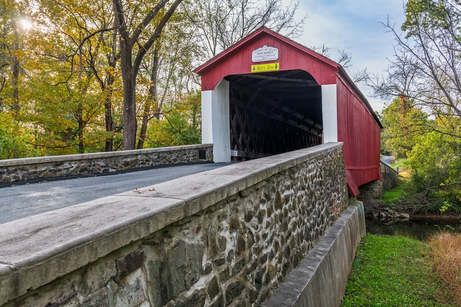 The historic Van Sandt covered bridge near New Hop in Bucks County Pennsylvania.