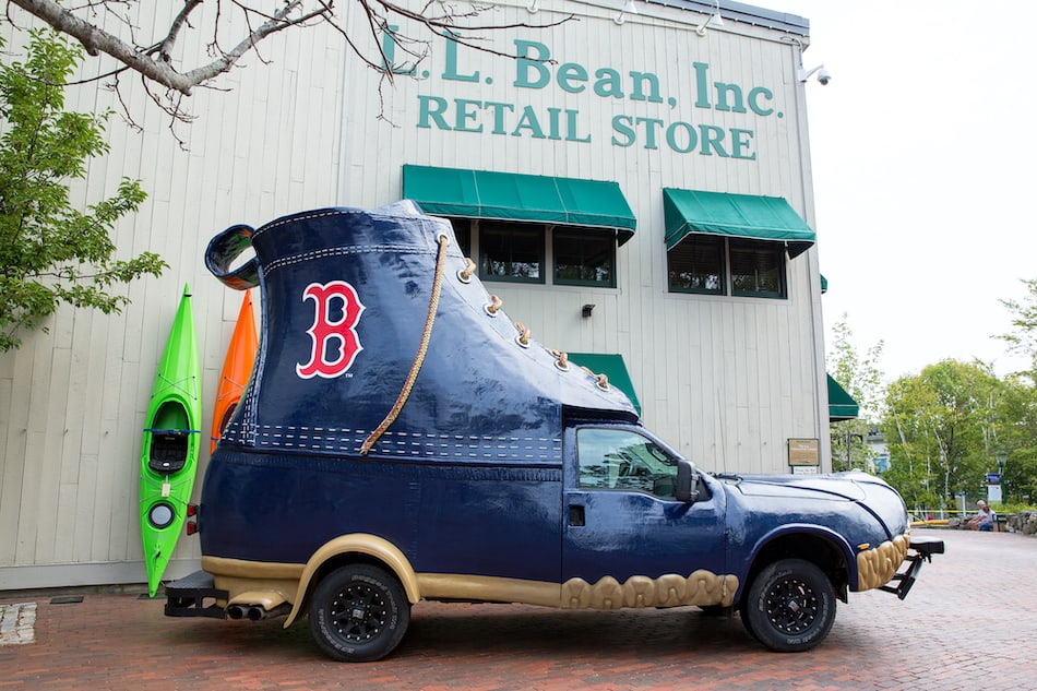 FREEPORT, MAINE, USA-L.L. Bean is retail company founded in 1912 by Leon Leonwood Bean. A replica of its famous boot has been coverted to a promotional vehicle and stands outside the flagship store.