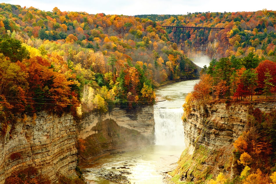 Autumn scene of waterfalls and gorge at Letchworth State Park