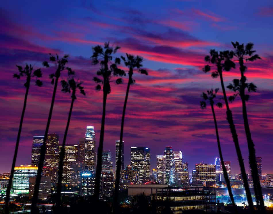 Downtown LA night Los Angeles sunset colorful skyline California