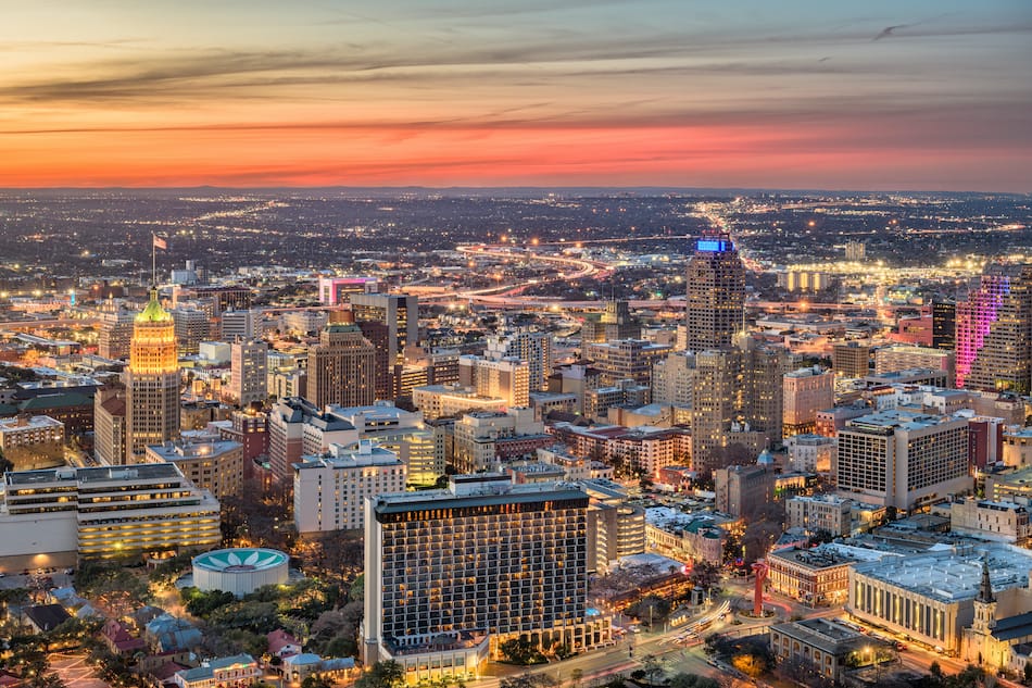 San Antonio, Texas, downtown city skyline at dusk.
