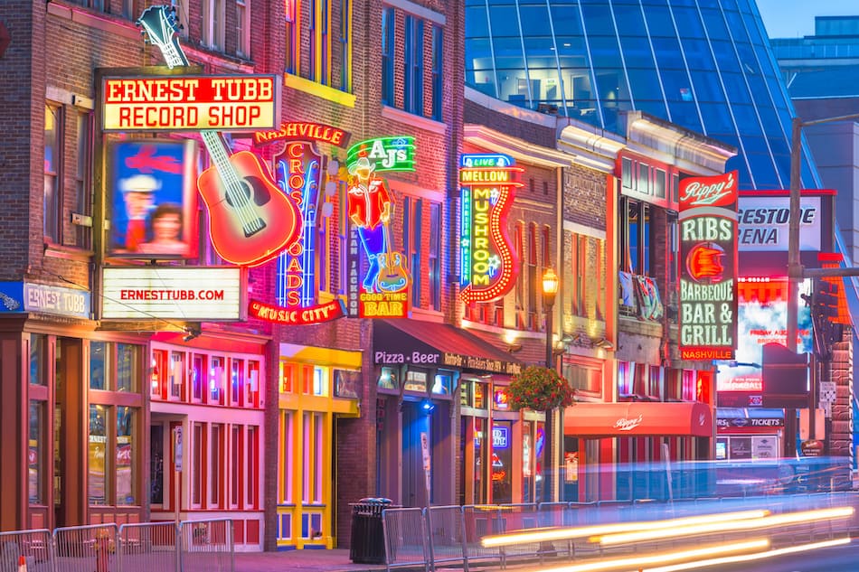 NASHVILLE, TENNESSE Honky-tonks on Lower Broadway. The district is famous for the numerous country music entertainment establishments.