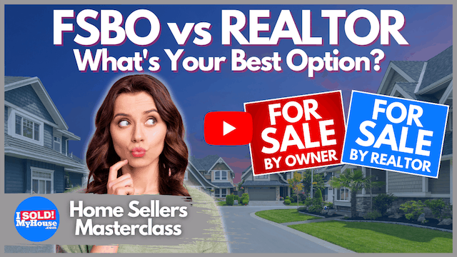 picture of a woman looking at a fsbo sign and a realtor sign trying to decide